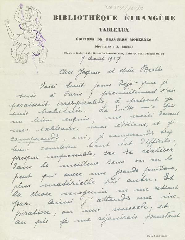 Letter From Jeanne Bucher To Jacques Lipchitz Jean Bucher Recipient