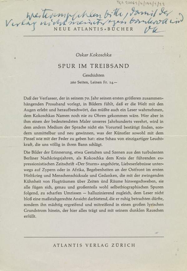 Note Letter From Oskar Kokoschka To J P Hodin Regarding The Publisher