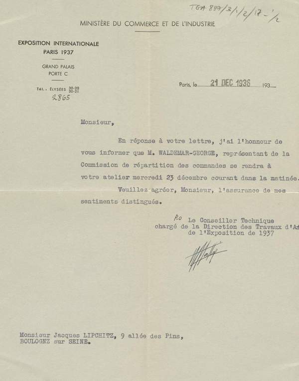 Letter From Paris Exposition Internationale 1937 To Jacques Lipchitz