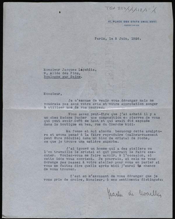 Letter From Charles De Noailles To Jacques Lipchitz Charles De