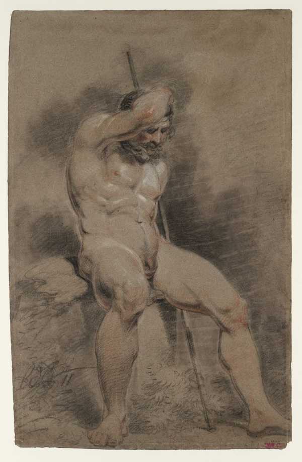 A Seated Male Nude With A Staff And With Right Arm On Head In A