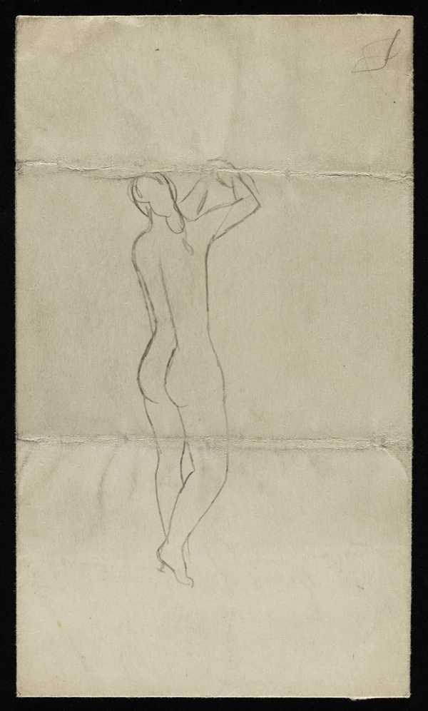 Sketch Of The Back Of A Female Nude With Arms Raised Drawn On An