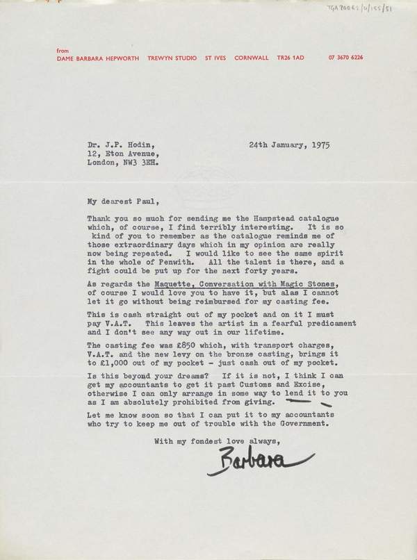 Letter From Barbara Hepworth To J P Hodin Dame Barbara Hepworth