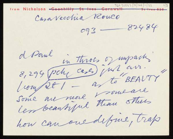 Letter From Ben Nicholson To J P Hodin Ben Nicholson Om Recipient