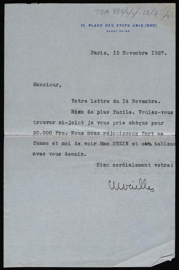 Letter From Charles De Noailles To Jacques Lipchitz Charles De