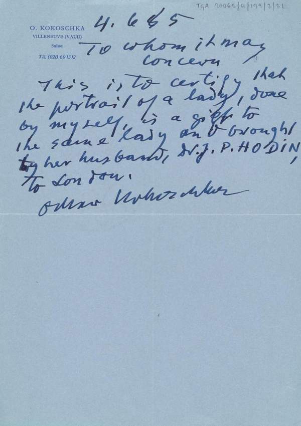 Letter From Oskar Kokoschka To J P Hodin Oskar Kokoschka Recipient