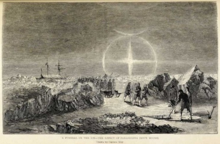 Edmund Evans after Captain May ''A Funeral on the Ice – The Effect of Paraselena (Mock Moons)', Wood engraving from Sir Francis Leopold M'Clintock, The Voyage of the 'Fox' in the Arctic Seas, 1859'