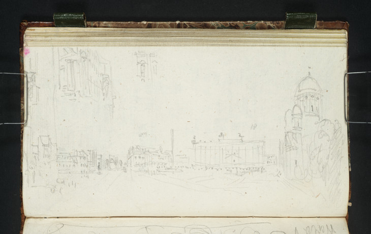 Joseph Mallord William Turner 'Berlin: View down Unter den Linden and across the Lustgarten to the Zeughaus, Lustgarten, Fountain, Museum and Domkirche, from the North-Eastern Corner of the Schloss (Detail of Schloss Façade in Sky)' 1835