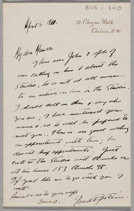 Jacob Epstein 'Letter to James Bolivar Manson' 5 April 1911