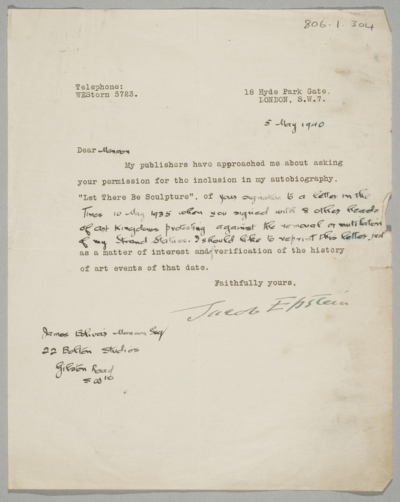 Jacob Epstein 'Letter to James Bolivar Manson' 5 May 1940