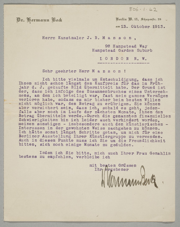 Dr Hermann Beck 'Letter to James Bolivar Manson' 13 October 1913