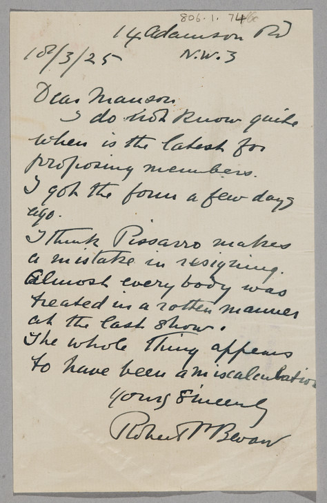 Robert Bevan 'Letter to James Bolivar Manson' [?18 March 1925]