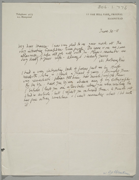 William Rothenstein 'Letter to James Bolivar Manson' 30 June 1911