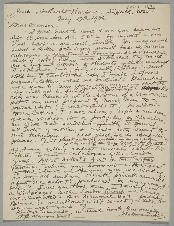 John Doman Turner 'Letter to James Bolivar Manson' 29 May 1936