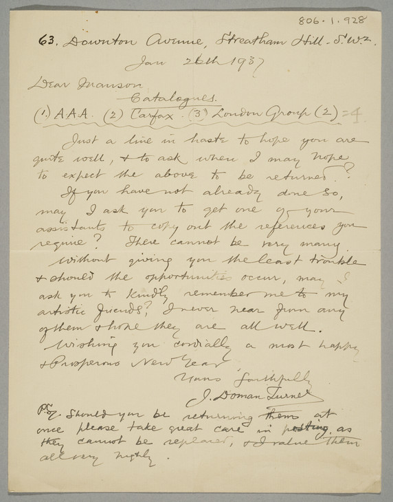 John Doman Turner 'Letter to James Bolivar Manson' 26 January 1937