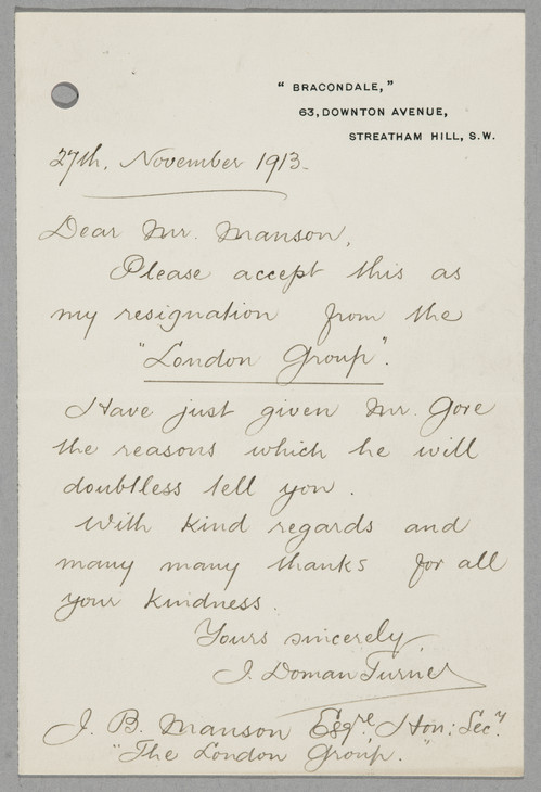 John Doman Turner 'Letter to James Bolivar Manson' 27 November 1913