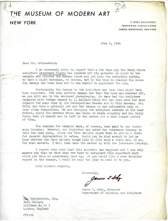 James Thrall Soby 'Letter to John Rothenstein' 9 June 1944