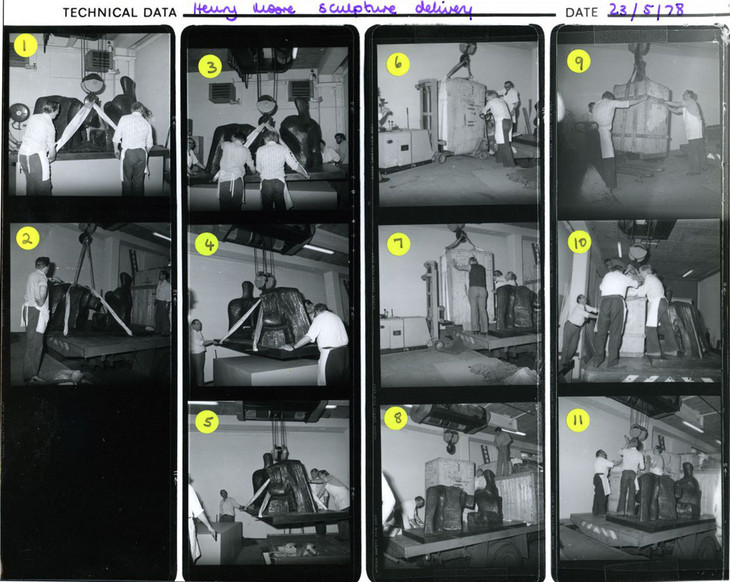 Contact sheet of photographs showing the delivery and installation of Two Piece Reclining Figure No.3 1961 (Tate T02287) for The Henry Moore Gift exhibition 1978