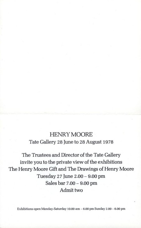 Tate Gallery 'Private view card for The Henry Moore Gift exhibition, Tate Gallery' 1978