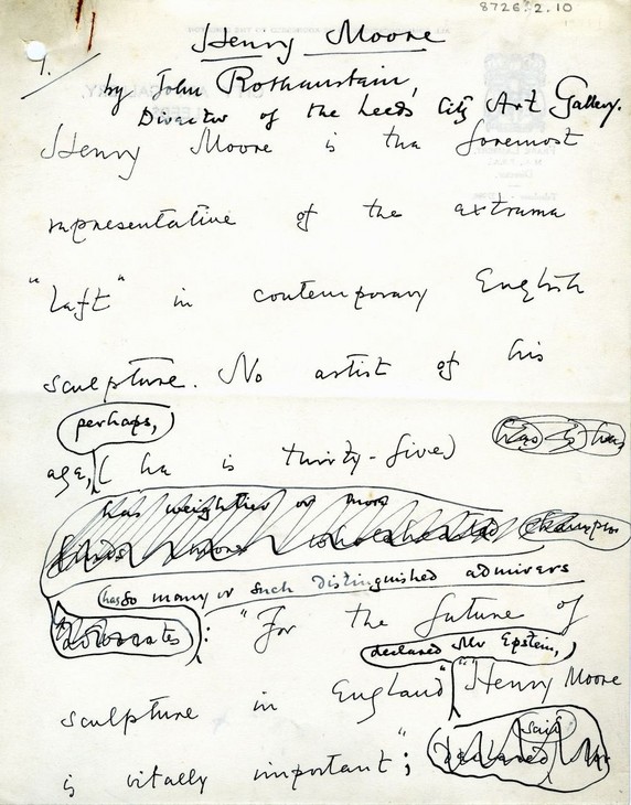 John Rothenstein 'John Rothenstein, first page of manuscript of article on Henry Moore, published in the Yorkshire Telegraph and Star' 5 May 1934