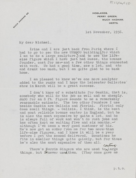 Henry Moore 'Letter to Michael Ayrton' 1 November 1956