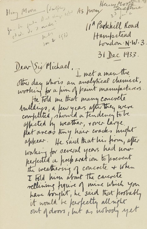 Henry Moore 'Letter to Sir Michael Sadler' 31 December 1933