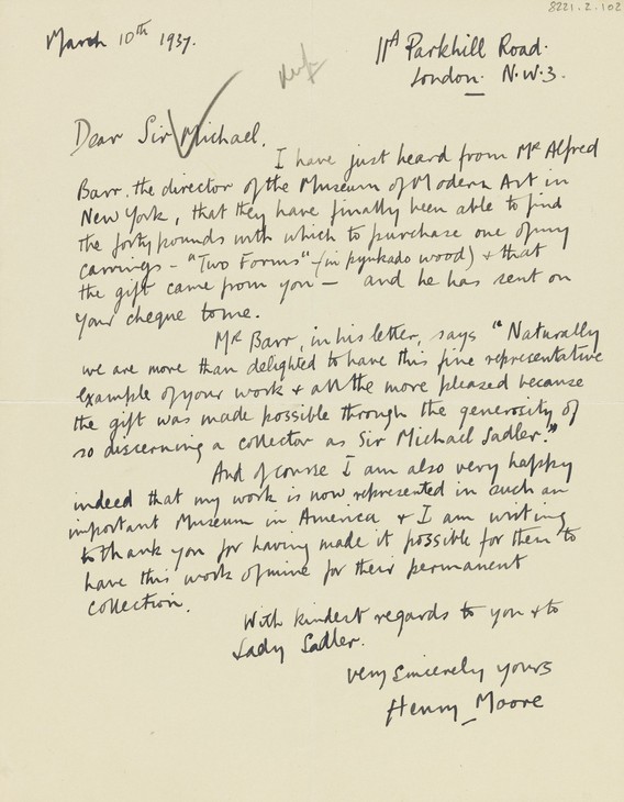 Henry Moore 'Letter to Sir Michael Sadler' 10 March 1937
