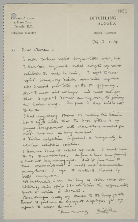 Eric Gill 'Letter to James Bolivar Manson' 3 February 1914