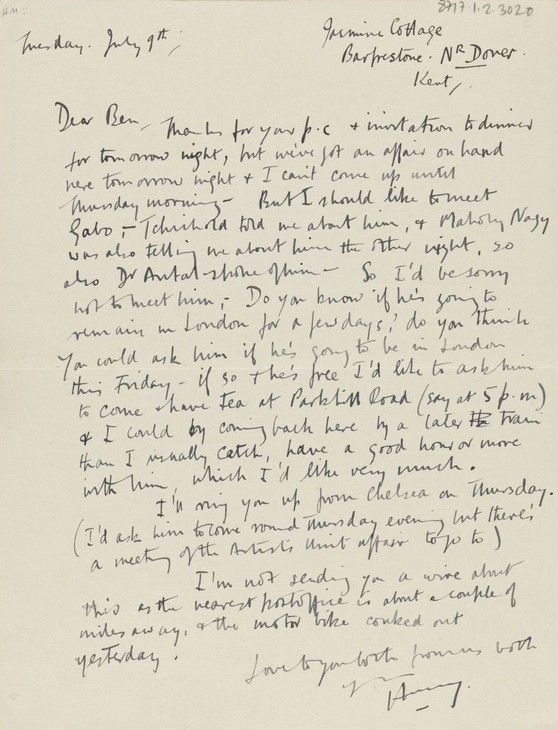Henry Moore 'Letter to Ben Nicholson' 9 July 1935