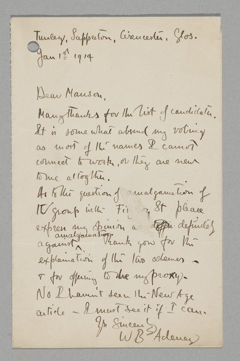 William Bernard Adeney 'Letter to James Bolivar Manson' 1 January 1914