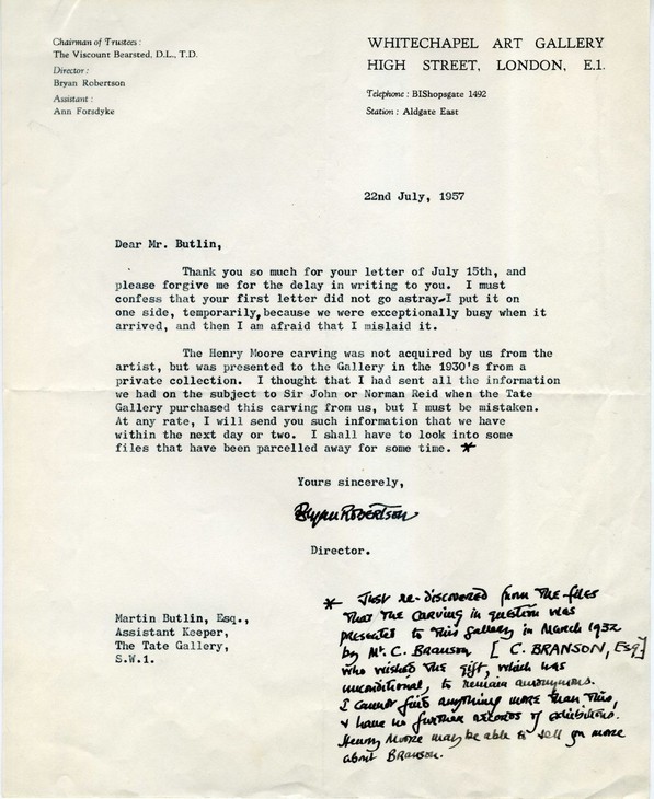 Bryan Robertson 'Letter  to Martin Butlin, Tate Gallery' 22 July 1957