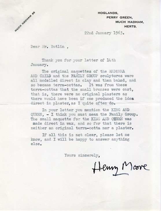 Henry Moore 'Letter to Martin Butlin, Tate Gallery' 22 January 1963