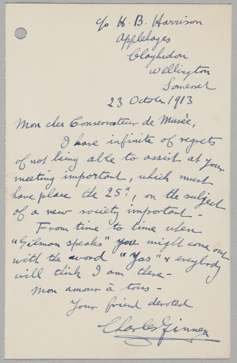 Charles Ginner 'Letter to James Bolivar Manson' 23 October 1913