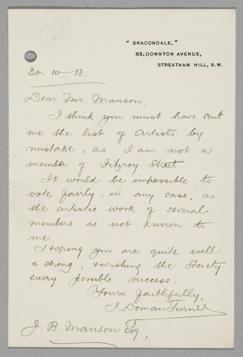 John Doman Turner 'Letter to James Bolivar Manson' 30 October 1913