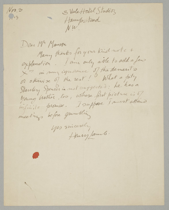 Henry Lamb 'Letter to James Bolivar Manson' 3 November 1913