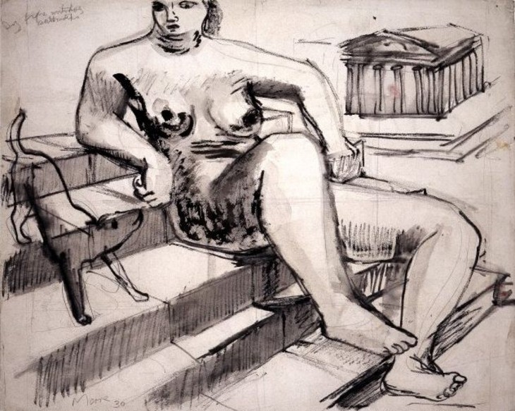 Henry Moore 'Female Nude Seated on Steps with Dog, Classical Building Beyond' 1930