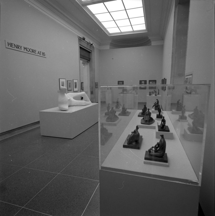 View of exhibition of Henry Moore's new sculptures, drawings and prints held at the Tate Gallery to mark his eighty-fifth birthday 1983