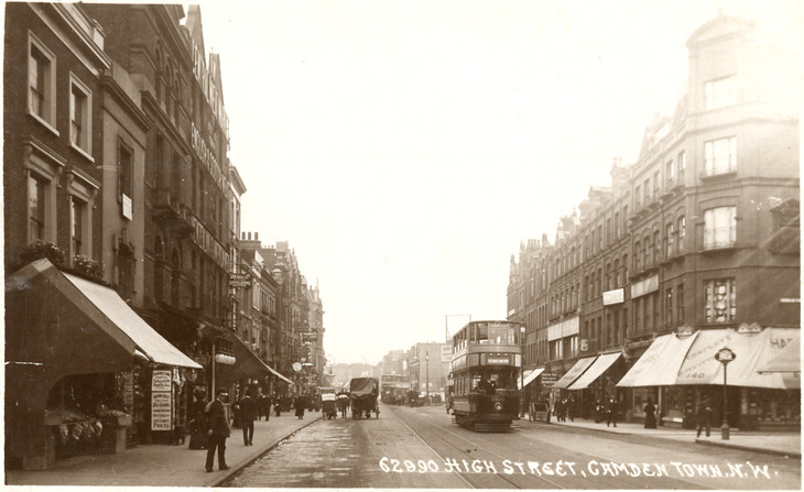 Camden High Street, showing the recently electrified tramway c.1910