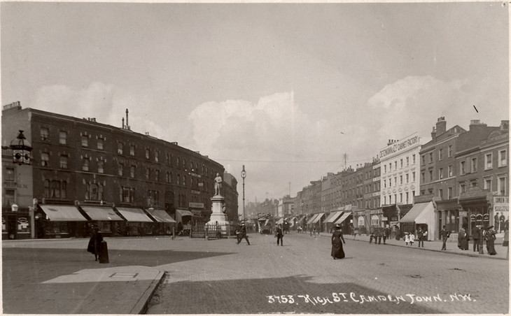 Camden High Street, south end, looking north past the Cobden statue c.1904