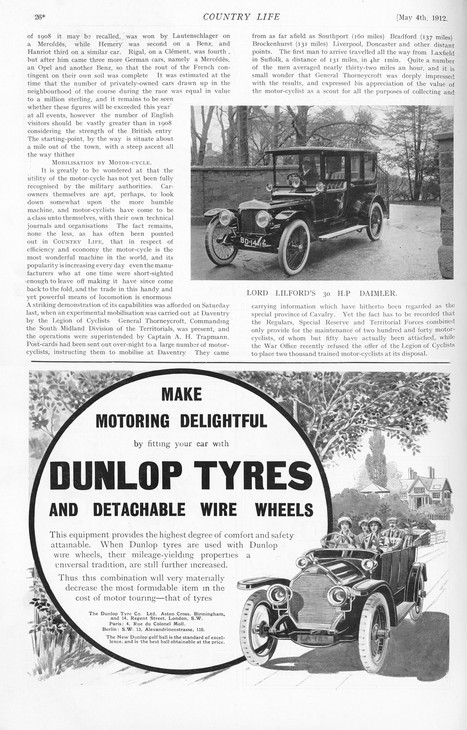 Make Motoring Delightful by Fitting your Car with Dunlop Tyres and Detachable Wire Wheels 1912