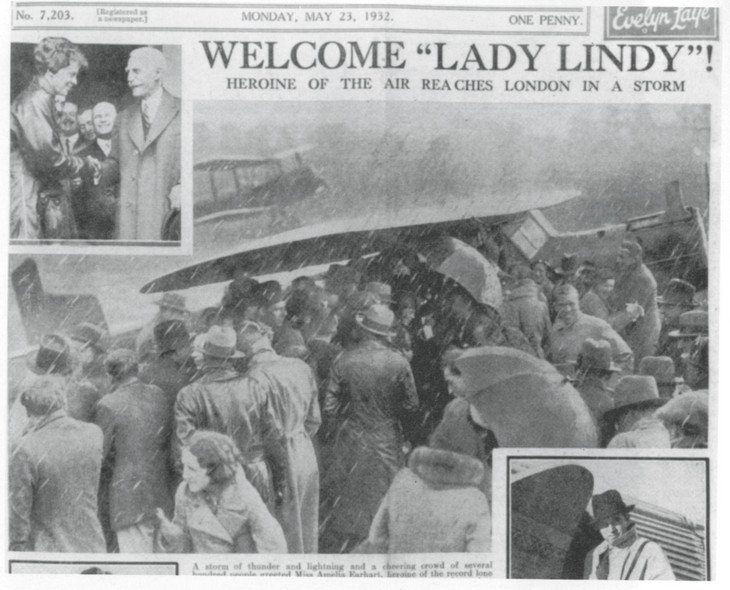 Welcome 'Lady Lindy!' Heroine of the Air reaches London in a Storm 1932