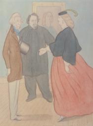 Miss Cornforth: ‘Oh, very pleased to meet Mr Ruskin, I’m sure’, Max Beerbohm, 1916, Graphite and watercolour on paper