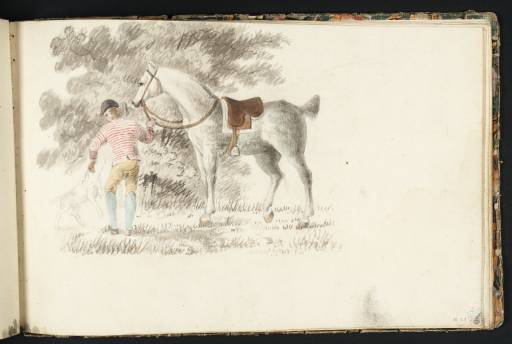 Joseph Mallord William Turner, ‘A Stableman in a Striped Coat with Dog and Saddled Horse in Front of Trees’ c.1789