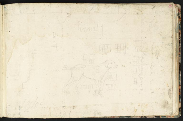 Joseph Mallord William Turner, ‘Study of a Dog with Schematic Drawings of Quoining, Windows and Mouldings’ c.1789