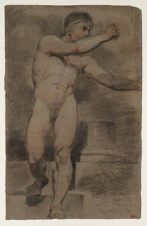 Joseph Mallord William Turner, ‘A Standing Male Nude with both Arms raised to the Right, on Steps, with a Broken Column and Foliage’ 1794-5