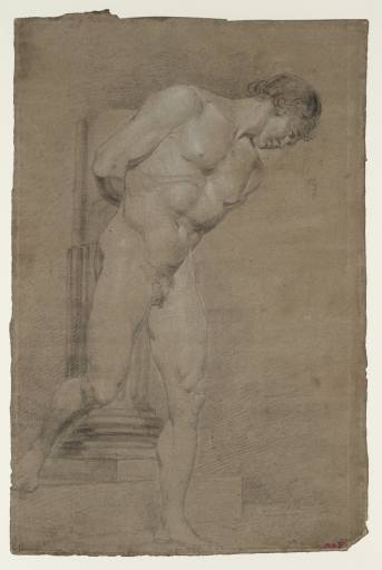 Joseph Mallord William Turner, ‘A Standing Male Nude, with Arms behind Back and one Foot on a Step, in Front of a Column’ ?1796
