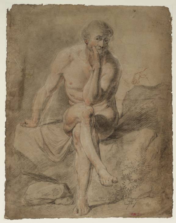 Joseph Mallord William Turner, ‘A Male Nude Seated Cross-legged on Rocks, with His Chin in his Hand; a Study of an Arm and Hand’ ?1793-4