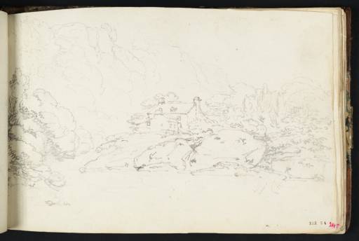 Joseph Mallord William Turner, ‘A River among Rocks with a House in Trees and Distant High Cliffs’ 1794