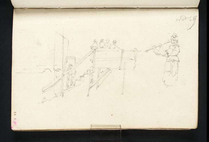 Joseph Mallord William Turner, ‘Figures on a Platform with a Banner; and a Study of a Woman ?Playing a Long Pipe’ 1794