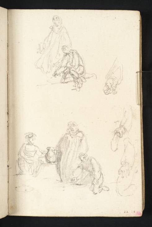 Joseph Mallord William Turner, ‘Two Studies of Figures: Two Women with a Jug, Watching a Man Kneeling to Play Marbles; Studies of the Man's Hands and Left Leg’ 1794